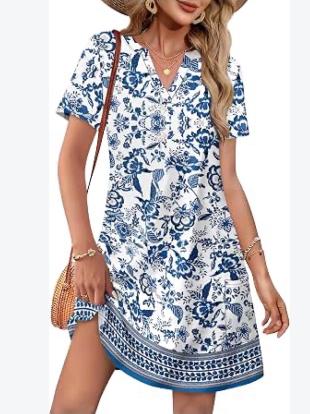 NWT Medium Wiholl Blue White Floral V-Neck Women’s Dress Swim / Cover-Up 6 8 NEW